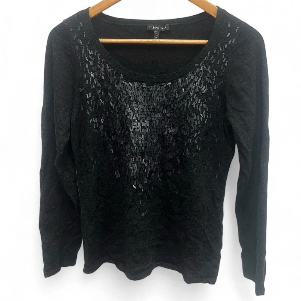 Eileen Fisher Sequin Knit Lightweight 100% Merino Wool Sweater Size L